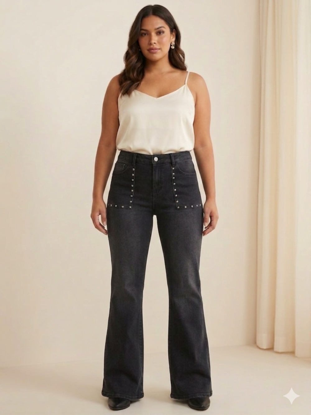NWT Vigoss Black Mid-Rise Wide-Leg Stretch Jeans with Studded Pockets